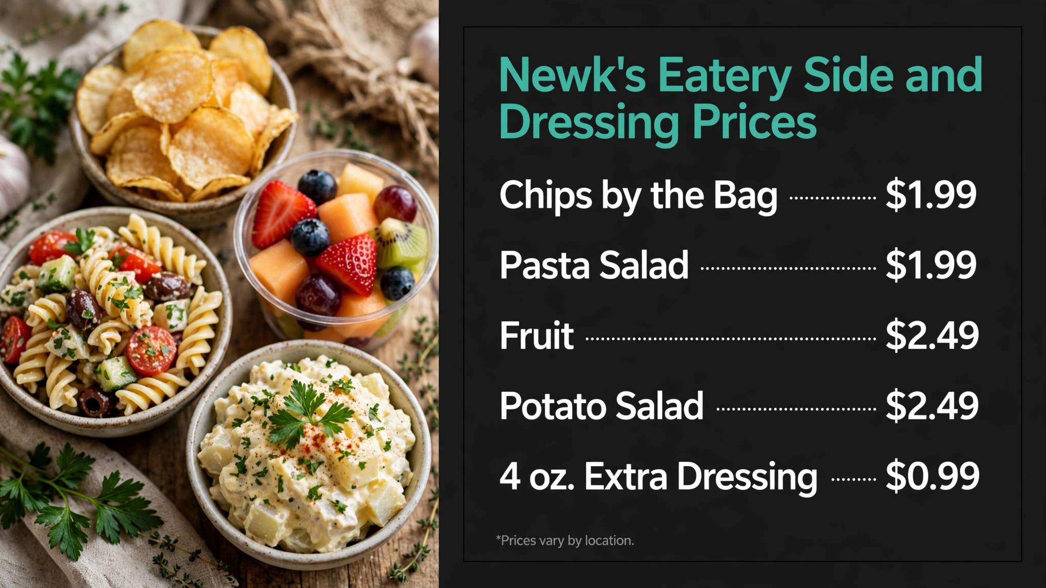 Newk's Eatery side and dressing prices infographic with item names and prices