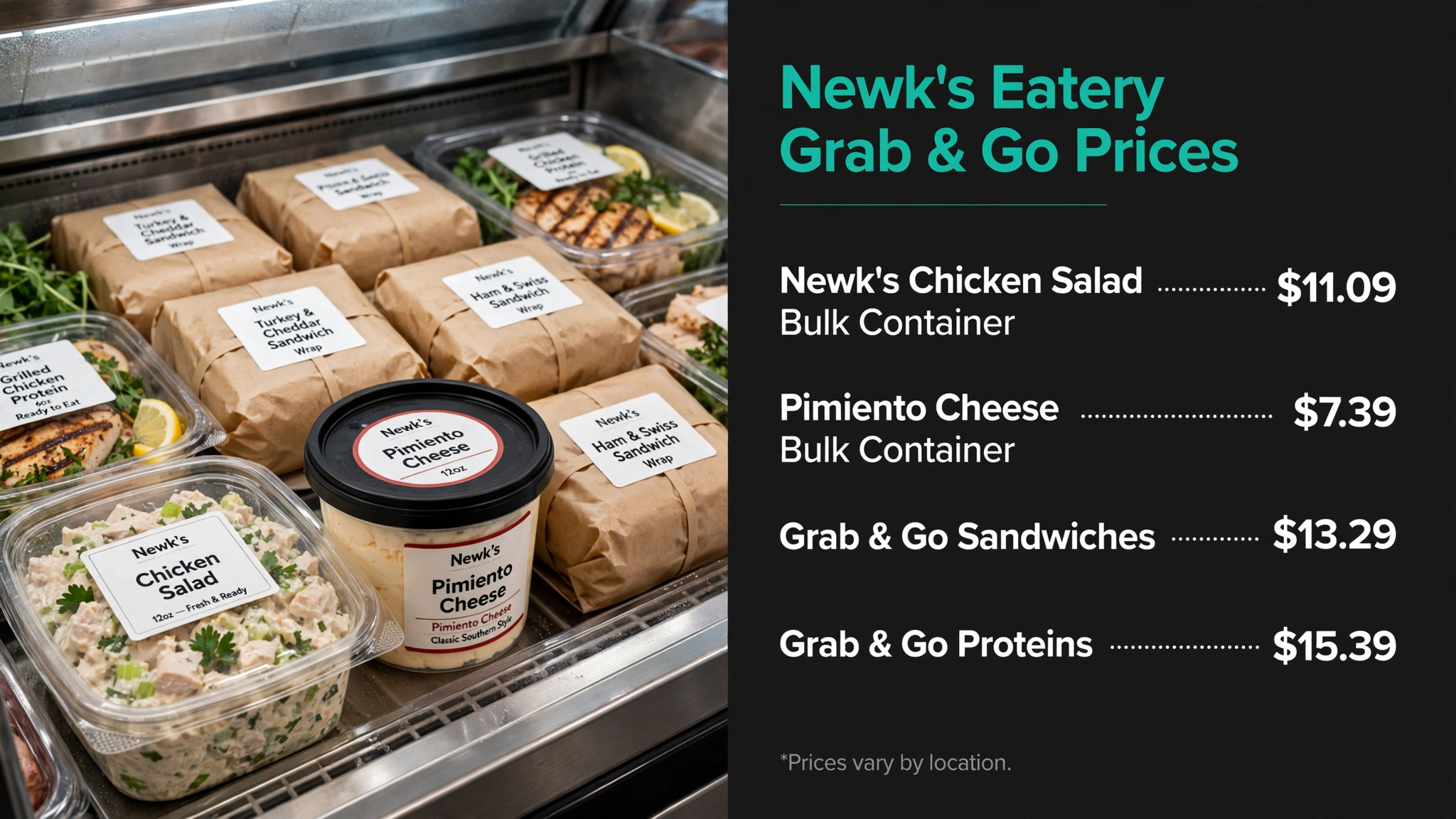Newk's Eatery Grab and Go prices infographic with item names and prices