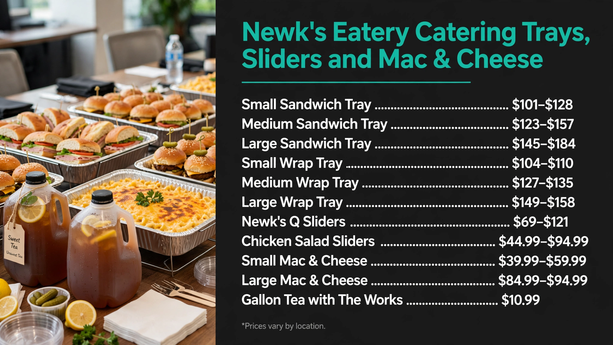 Newk's Eatery catering trays sliders and mac and cheese prices infographic