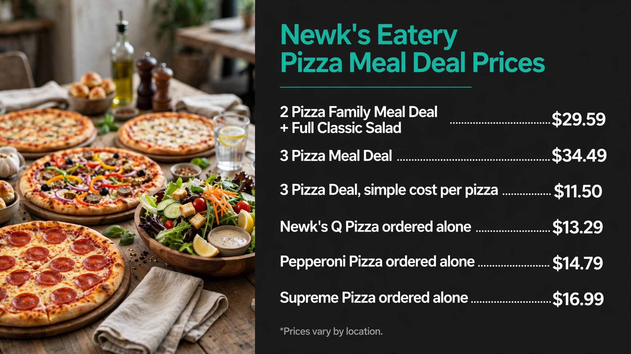 Newk's Eatery pizza meal deal prices infographic with item names and prices