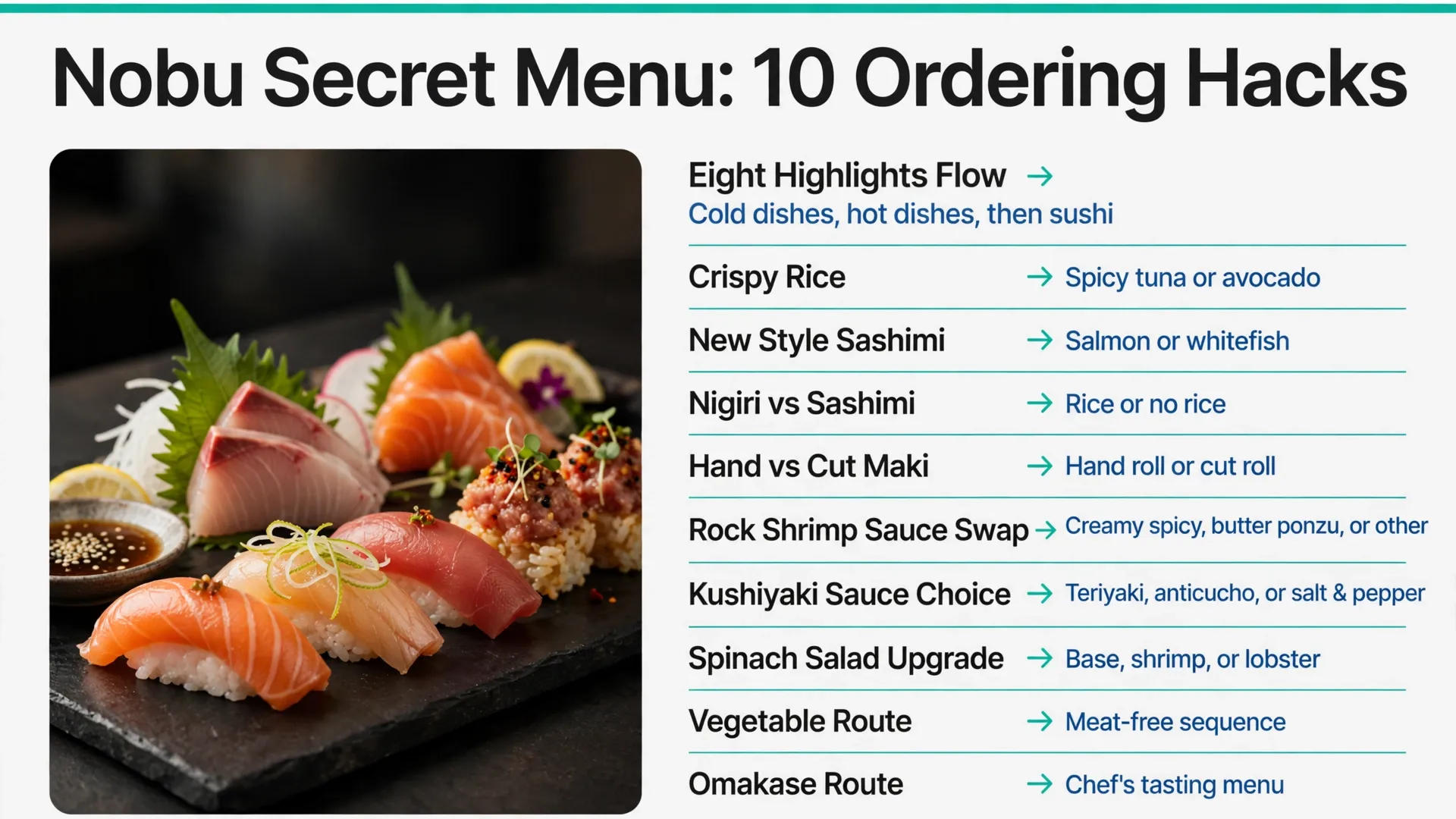 Infographic of 10 Nobu secret menu ordering hacks: crispy rice, sauce swaps, maki choices and omakase routes