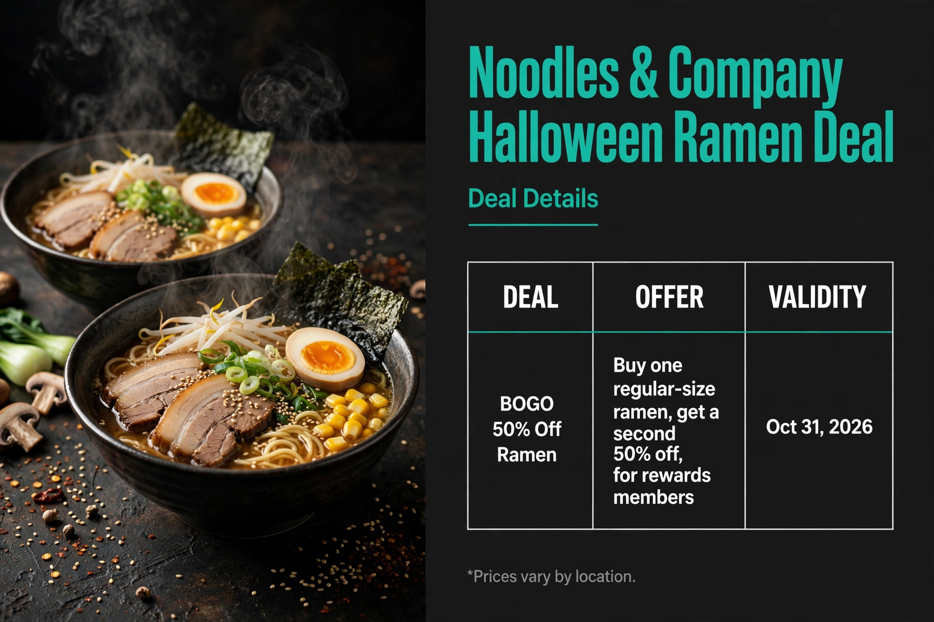 Noodles and Company Halloween BOGO 50% off ramen deal infographic