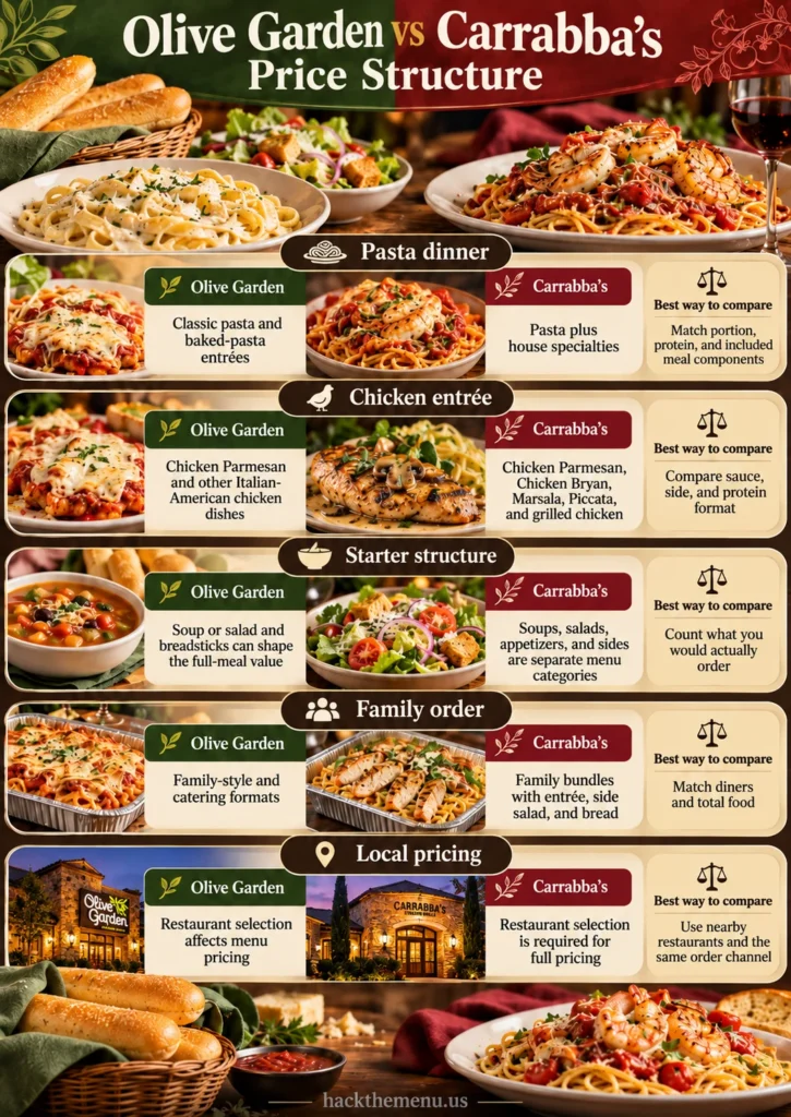 Olive Garden vs Carrabba's Price Structure infographic comparing Italian dinner prices