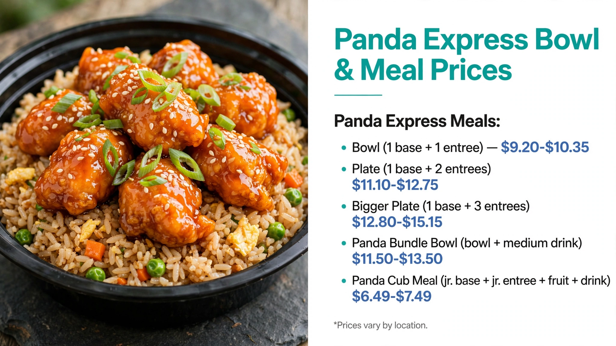Panda Express bowl and meal prices infographic showing bowl, plate and bigger plate prices