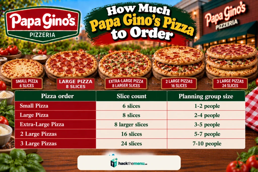 How much Papa Gino's pizza to order infographic showing slice counts and group sizes for five pizza orders