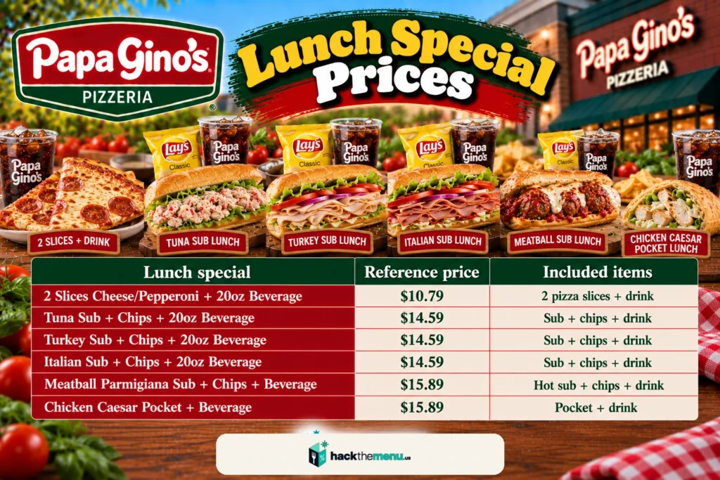 Papa Gino's lunch special prices infographic showing six lunch combos with reference prices
