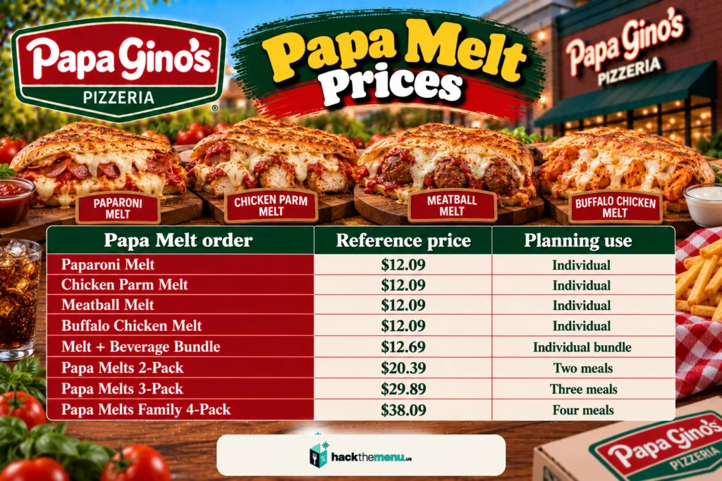Papa Gino's Papa Melt prices infographic showing eight melt orders with reference prices