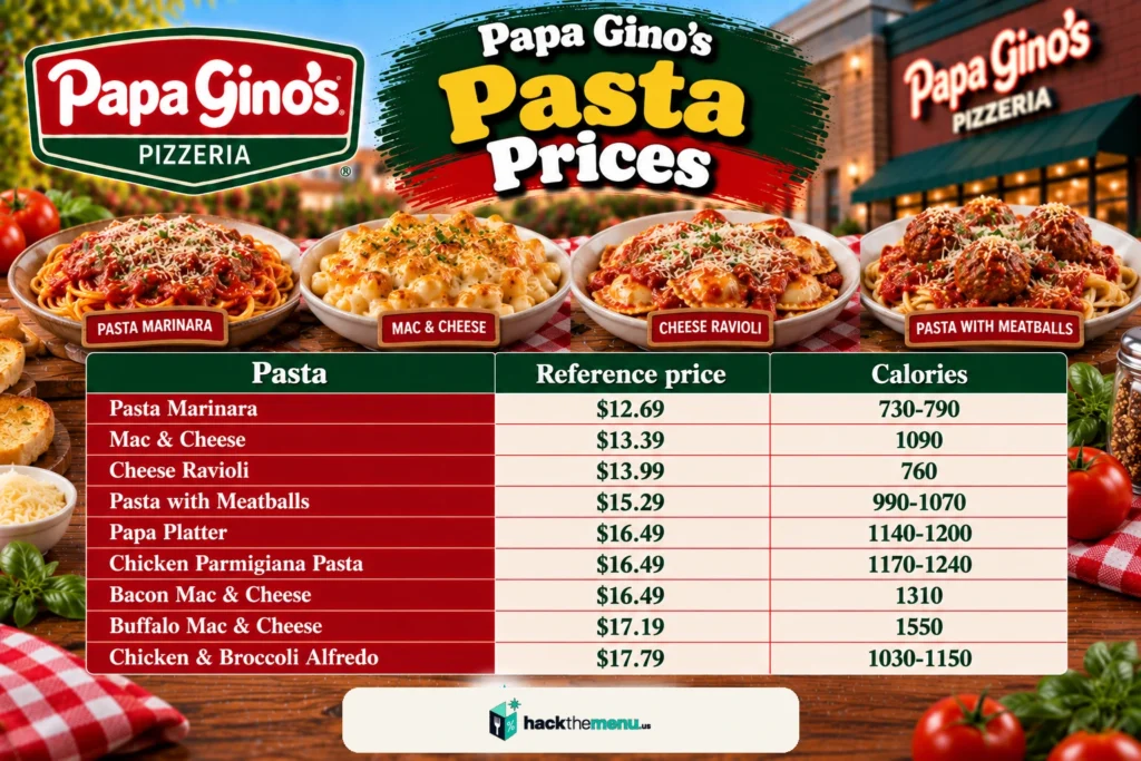 Papa Gino's pasta prices infographic showing nine pasta dishes with reference prices and calories