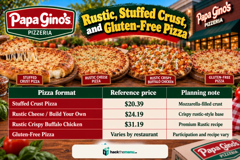 Papa Gino's rustic, stuffed crust and gluten-free pizza prices infographic showing four pizza formats with reference prices