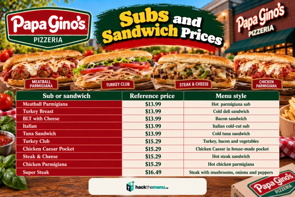 Papa Gino's subs and sandwich prices infographic showing ten subs with reference prices