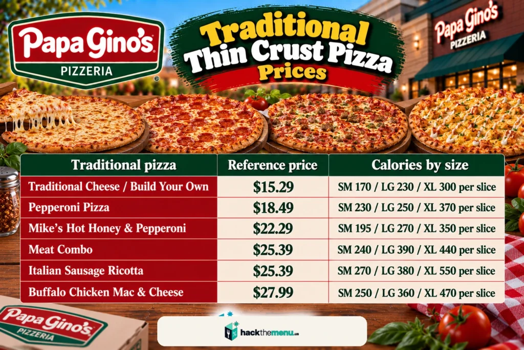 Papa Gino's traditional thin crust pizza prices infographic showing six pizzas with reference prices and calories by size