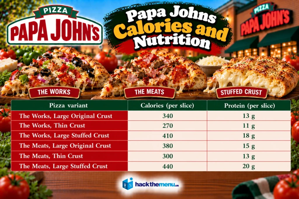 Papa John's calories and nutrition infographic showing calories and protein per slice for The Works and The Meats pizzas