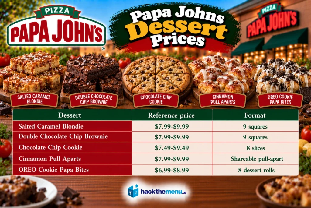 Papa John's dessert prices infographic showing blondie, brownie, cookie, cinnamon pull aparts, and OREO Papa Bites prices