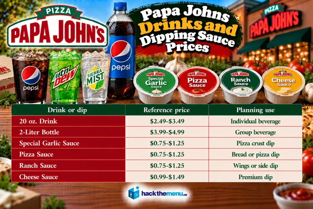 Papa John's drinks and dipping sauce prices infographic showing 20 oz drinks, 2-liter bottles, and dipping sauce prices