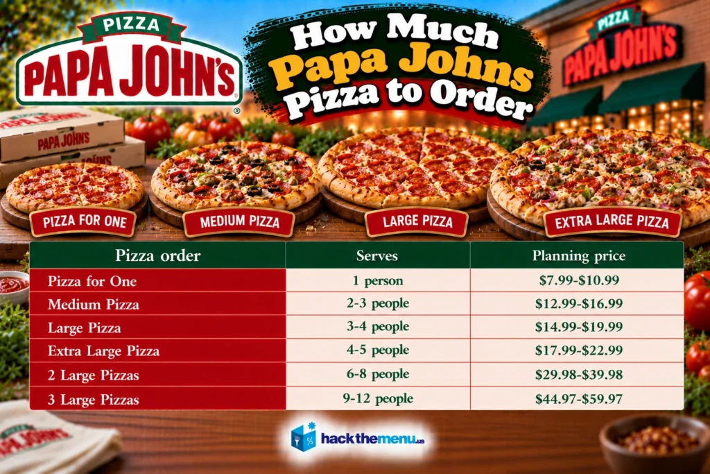 Papa John's pizza order guide infographic showing how much pizza to order for groups of 1 to 12 people with planning prices