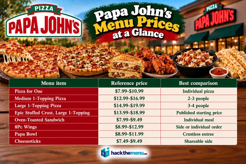 Papa John's menu prices at a glance infographic showing pizza, sandwich, wings, Papa Bowl, and cheesesticks reference prices