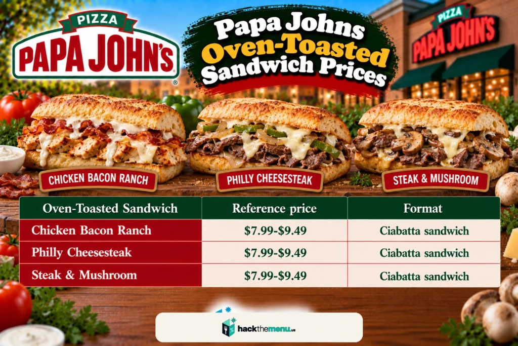 Papa John's oven-toasted sandwich prices infographic showing Chicken Bacon Ranch, Philly Cheesesteak, and Steak & Mushroom ciabatta prices