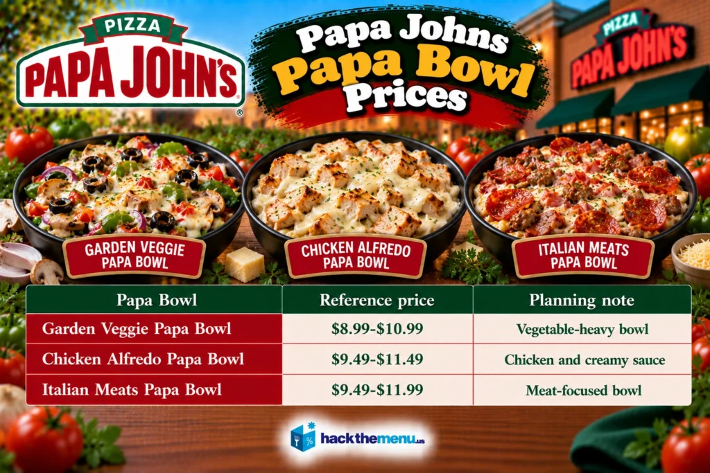 Papa John's Papa Bowl prices infographic showing Garden Veggie, Chicken Alfredo, and Italian Meats bowl prices