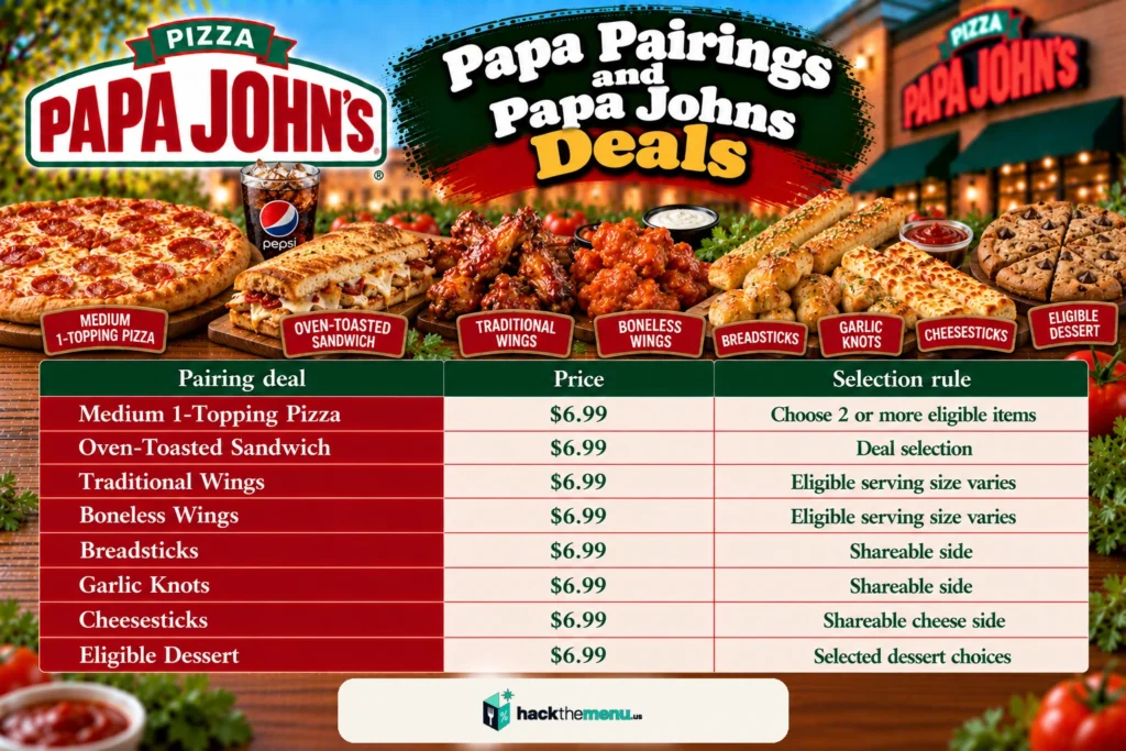 Papa John's Papa Pairings deals infographic showing $6.99 eligible items including pizza, sandwich, wings, sides, and dessert