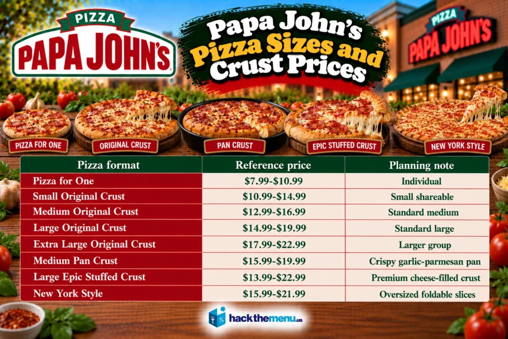 Papa John's pizza sizes and crust prices infographic showing Original, Pan, Epic Stuffed Crust, and New York Style reference prices