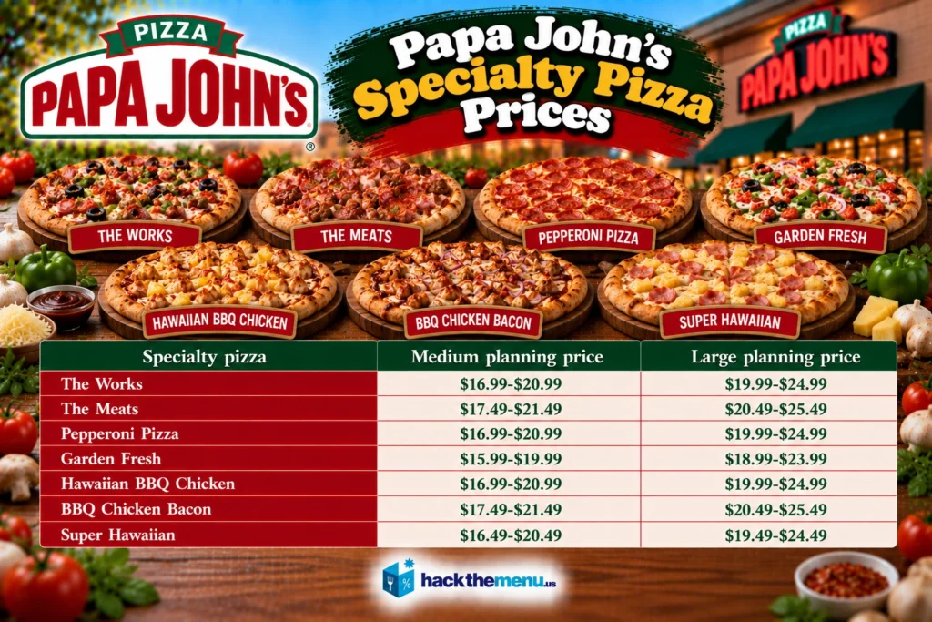 Papa John's specialty pizza prices infographic showing The Works, The Meats, Pepperoni, Garden Fresh, Hawaiian BBQ Chicken, BBQ Chicken Bacon, and Super Hawaiian medium and large prices
