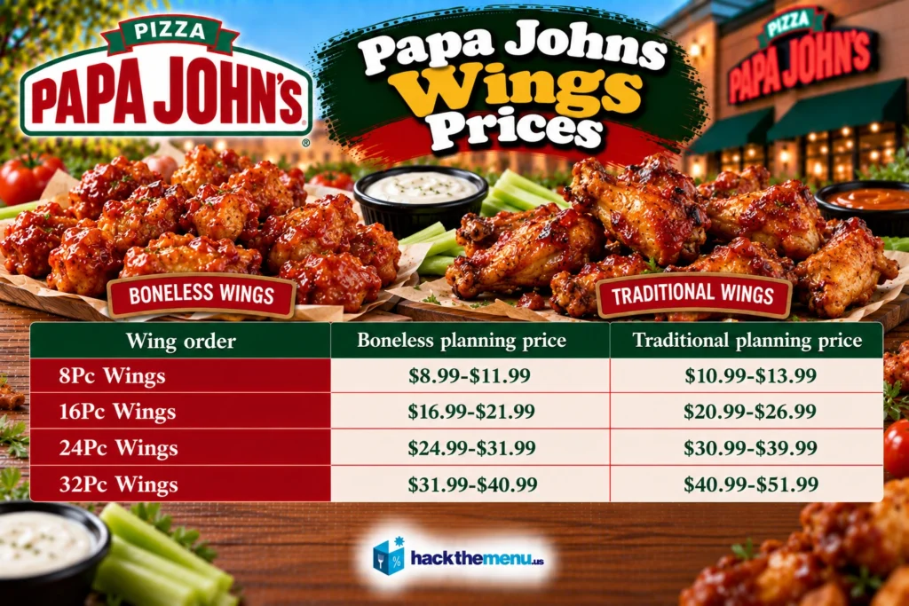 Papa John's wings prices infographic showing 8Pc, 16Pc, 24Pc, and 32Pc boneless and traditional wing prices