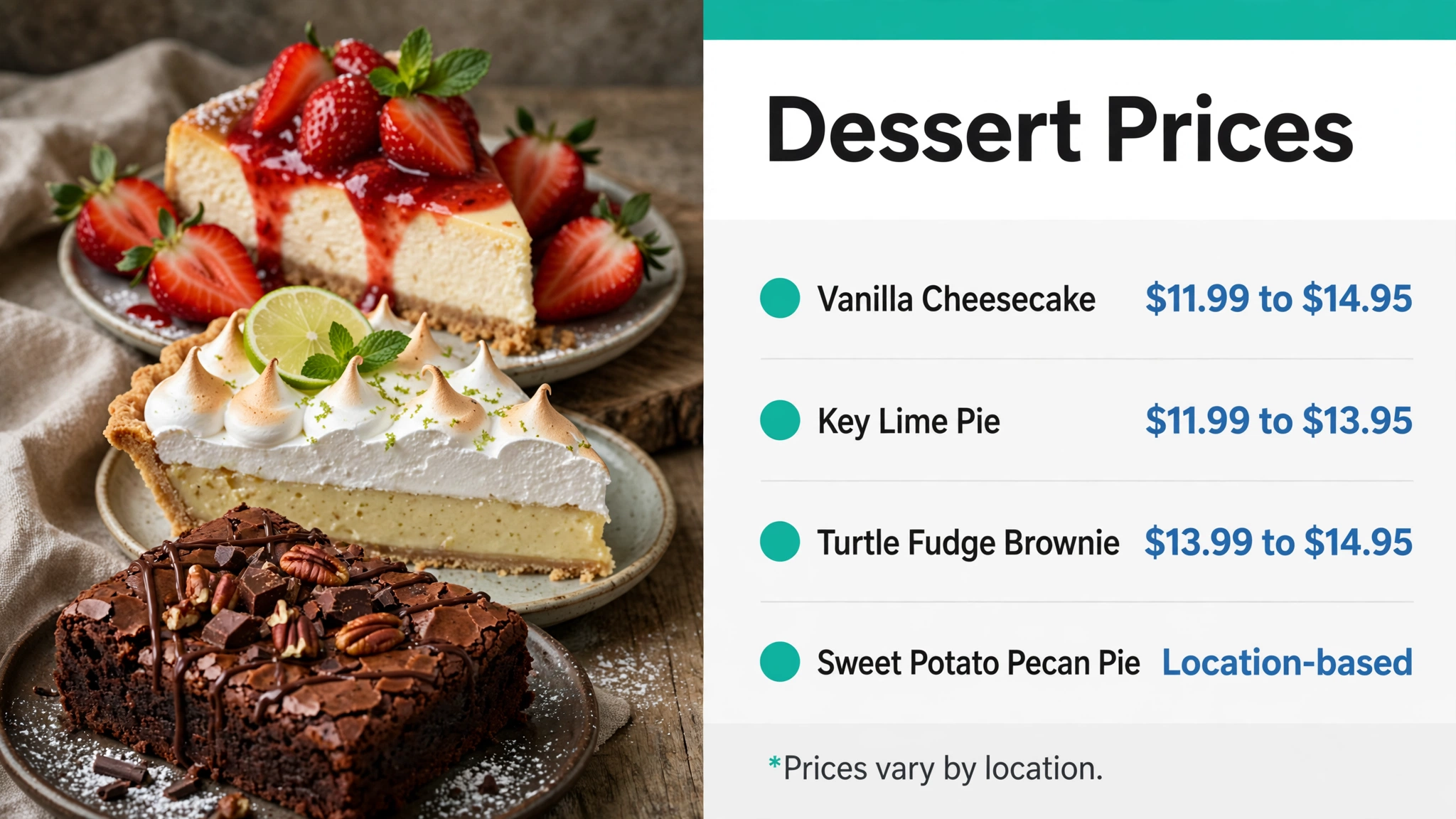 Pappadeaux dessert prices infographic: vanilla cheesecake, key lime pie, turtle fudge brownie and sweet potato pecan pie