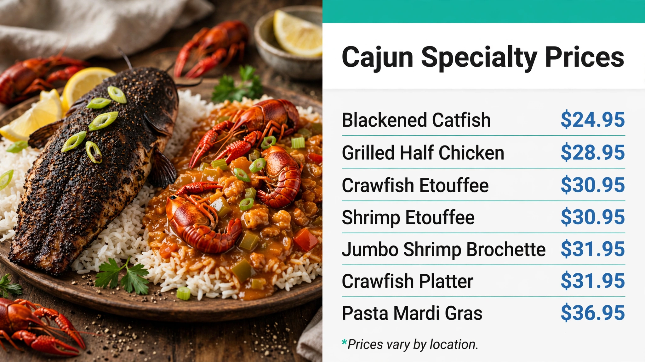 Pappadeaux Cajun specialty prices infographic: blackened catfish, grilled half chicken, crawfish and shrimp etouffee, shrimp brochette, crawfish platter and Pasta Mardi Gras