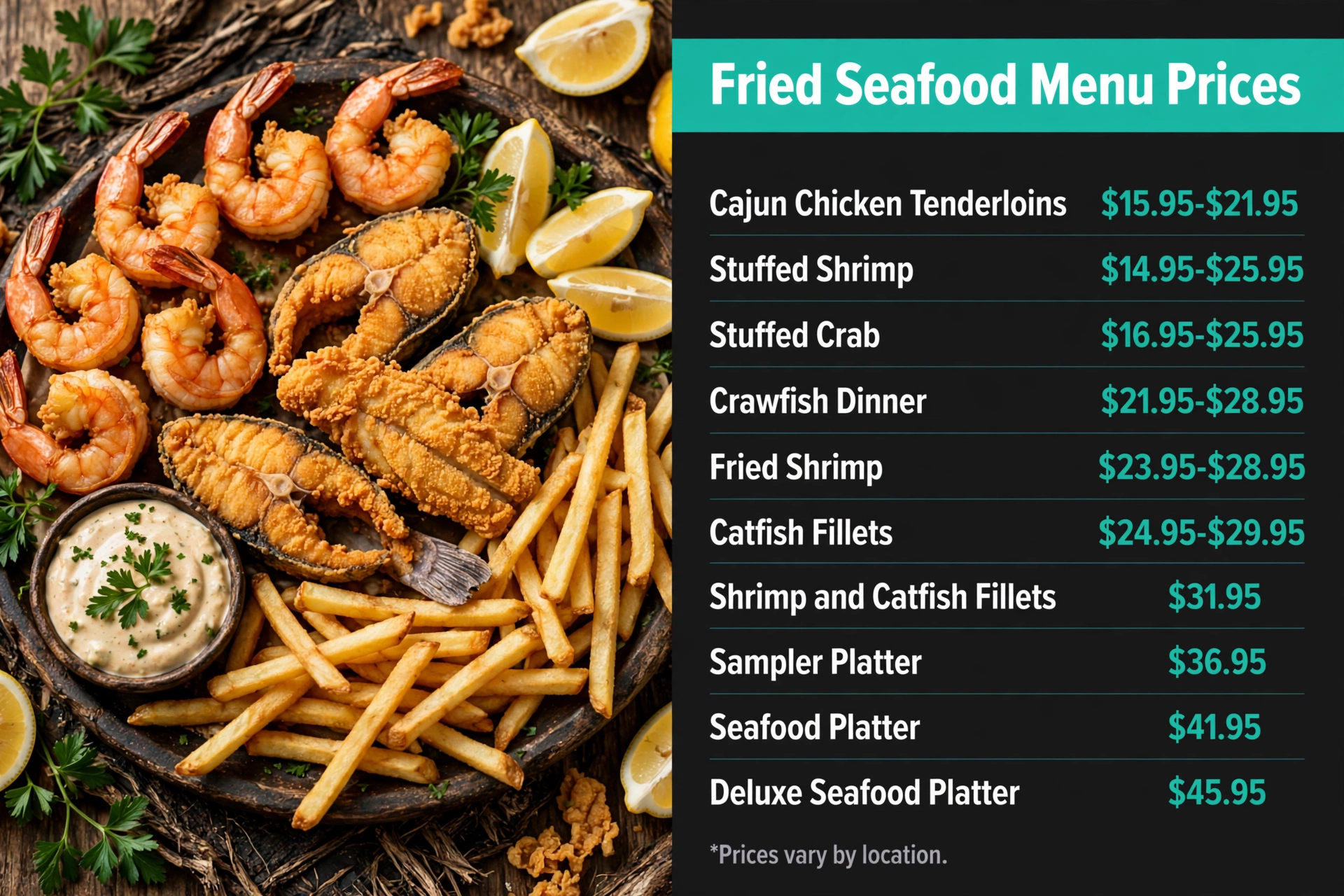 Pappadeaux fried seafood and platter prices infographic: chicken tenderloins, stuffed shrimp and crab, crawfish dinner, fried shrimp, catfish fillets, sampler and seafood platters