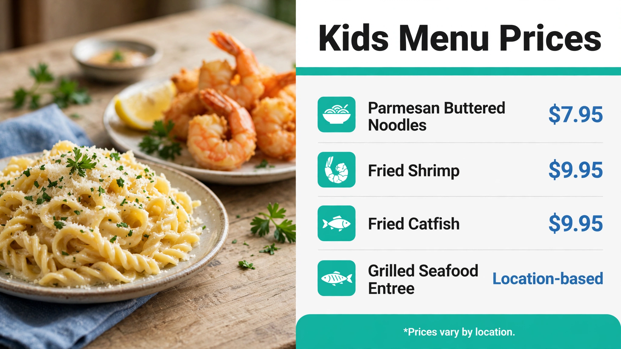 Pappadeaux kids menu prices infographic: parmesan buttered noodles, fried shrimp, fried catfish and grilled seafood entree