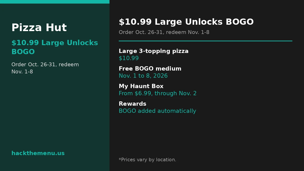 Pizza Hut 1099 Large 3 Topping Bogo deal infographic