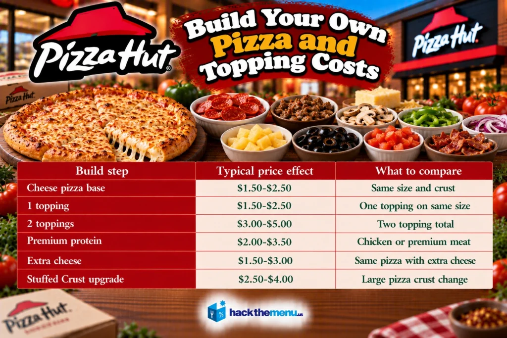 Infographic showing Pizza Hut build your own pizza and topping costs: Cheese pizza base $1.50-$2.50, 1 topping $1.50-$2.50, 2 toppings $3.00-$5.00, Premium protein $2.00-$3.50, Extra cheese $1.50-$3.00, Stuffed Crust upgrade $2.50-$4.00