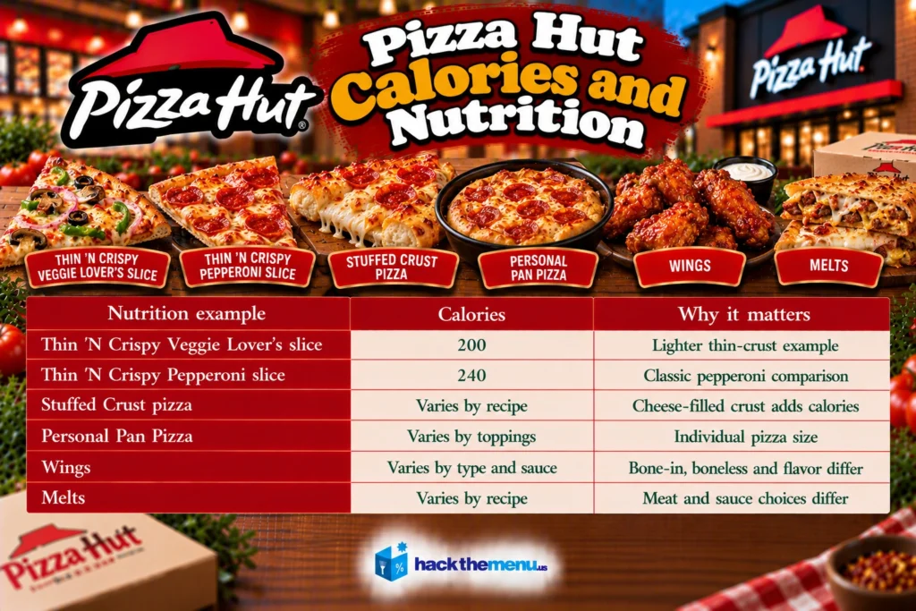 Infographic showing Pizza Hut calories and nutrition: Thin 'N Crispy Veggie Lover's slice 200 calories, Thin 'N Crispy Pepperoni slice 240 calories, Stuffed Crust pizza varies by recipe, Personal Pan Pizza varies by toppings, Wings varies by type and sauce, Melts varies by recipe