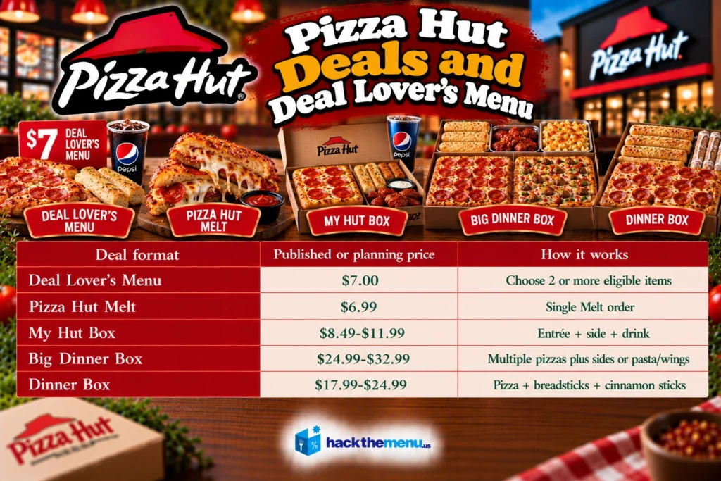 Infographic showing Pizza Hut deals and Deal Lover's Menu: Deal Lover's Menu $7.00, Pizza Hut Melt $6.99, My Hut Box $8.49-$11.99, Big Dinner Box $24.99-$32.99, Dinner Box $17.99-$24.99