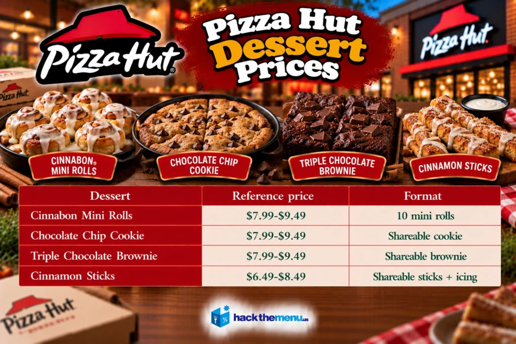 Infographic showing Pizza Hut dessert prices: Cinnabon Mini Rolls $7.99-$9.49, Chocolate Chip Cookie $7.99-$9.49, Triple Chocolate Brownie $7.99-$9.49, Cinnamon Sticks $6.49-$8.49
