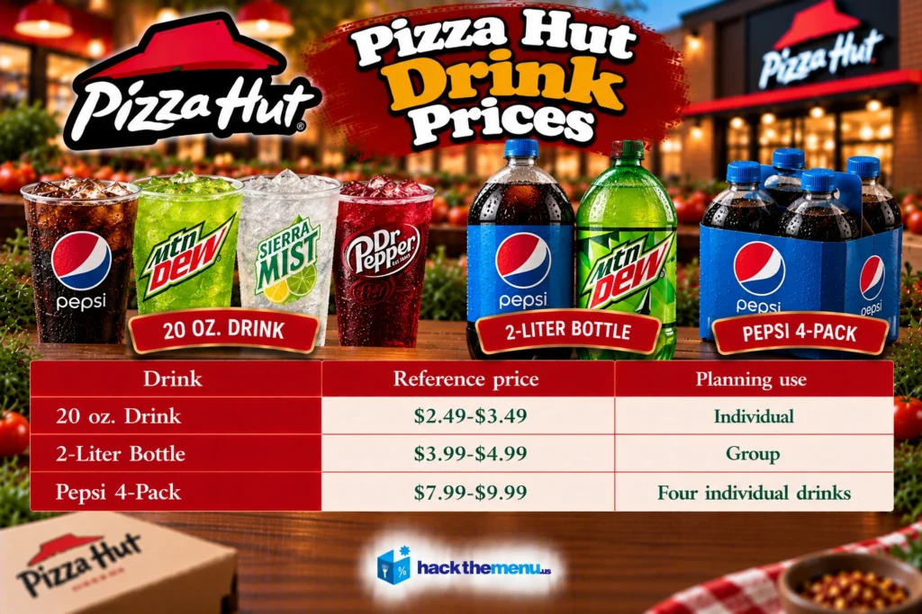 Infographic showing Pizza Hut drink prices: 20 oz. Drink $2.49-$3.49, 2-Liter Bottle $3.99-$4.99, Pepsi 4-Pack $7.99-$9.99