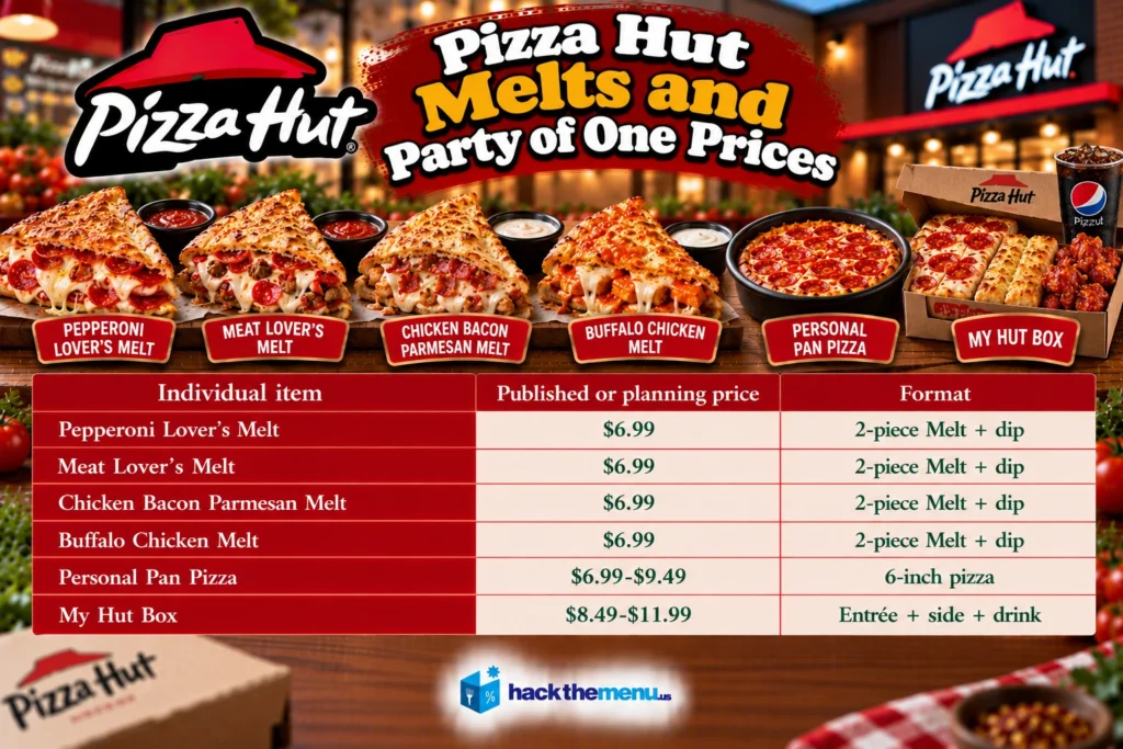 Infographic showing Pizza Hut Melts and Party of One prices: Pepperoni Lover's Melt $6.99, Meat Lover's Melt $6.99, Chicken Bacon Parmesan Melt $6.99, Buffalo Chicken Melt $6.99, Personal Pan Pizza $6.99-$9.49, My Hut Box $8.49-$11.99