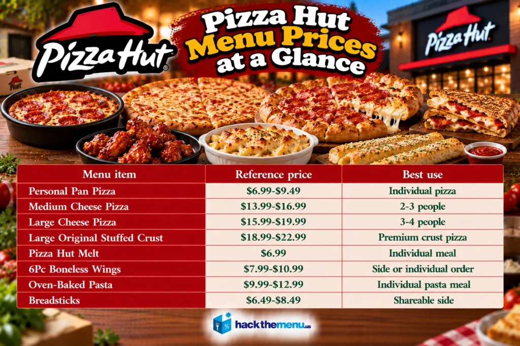Infographic showing Pizza Hut menu prices at a glance: Personal Pan Pizza $6.99-$9.49, Medium Cheese Pizza $13.99-$16.99, Large Cheese Pizza $15.99-$19.99, Large Original Stuffed Crust $18.99-$22.99, Pizza Hut Melt $6.99, 6Pc Boneless Wings $7.99-$10.99, Oven-Baked Pasta $9.99-$12.99, Breadsticks $6.49-$8.49