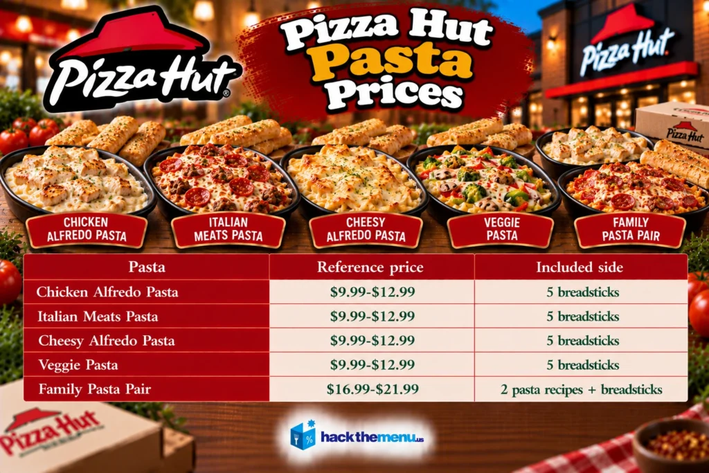 Infographic showing Pizza Hut pasta prices: Chicken Alfredo $9.99-$12.99, Italian Meats $9.99-$12.99, Cheesy Alfredo $9.99-$12.99, Veggie $9.99-$12.99, Family Pasta Pair $16.99-$21.99
