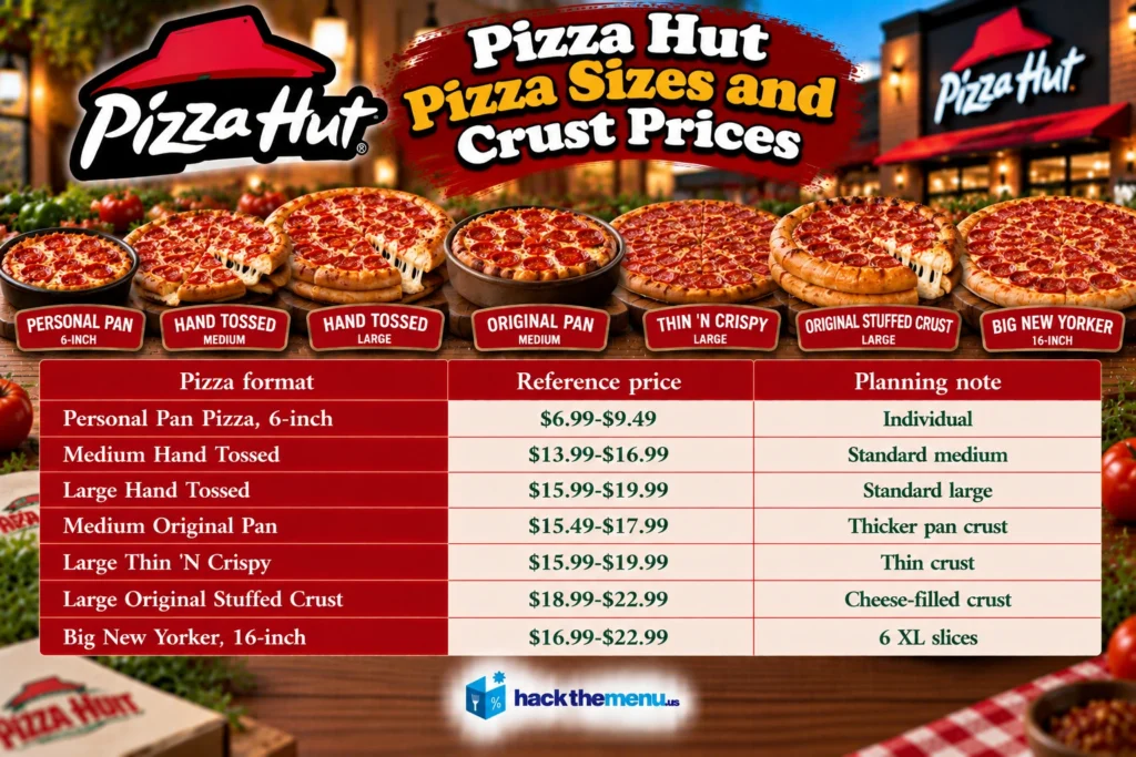Infographic showing Pizza Hut pizza sizes and crust prices: Personal Pan 6-inch $6.99-$9.49, Medium Hand Tossed $13.99-$16.99, Large Hand Tossed $15.99-$19.99, Medium Original Pan $15.49-$17.99, Large Thin 'N Crispy $15.99-$19.99, Large Original Stuffed Crust $18.99-$22.99, Big New Yorker 16-inch $16.99-$22.99