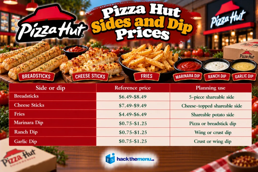 Infographic showing Pizza Hut sides and dip prices: Breadsticks $6.49-$8.49, Cheese Sticks $7.49-$9.49, Fries $4.49-$6.49, Marinara Dip $0.75-$1.25, Ranch Dip $0.75-$1.25, Garlic Dip $0.75-$1.25