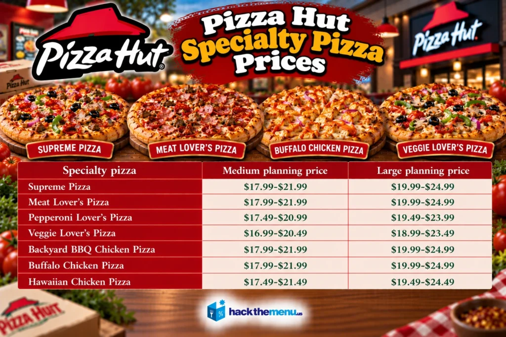 Infographic showing Pizza Hut specialty pizza prices: Supreme $17.99-$21.99 medium / $19.99-$24.99 large, Meat Lover's $17.99-$21.99 / $19.99-$24.99, Pepperoni Lover's $17.49-$20.99 / $19.49-$23.99, Veggie Lover's $16.99-$20.49 / $18.99-$23.49, Backyard BBQ Chicken $17.99-$21.99 / $19.99-$24.99, Buffalo Chicken $17.99-$21.99 / $19.99-$24.99, Hawaiian Chicken $17.49-$21.49 / $19.49-$24.49