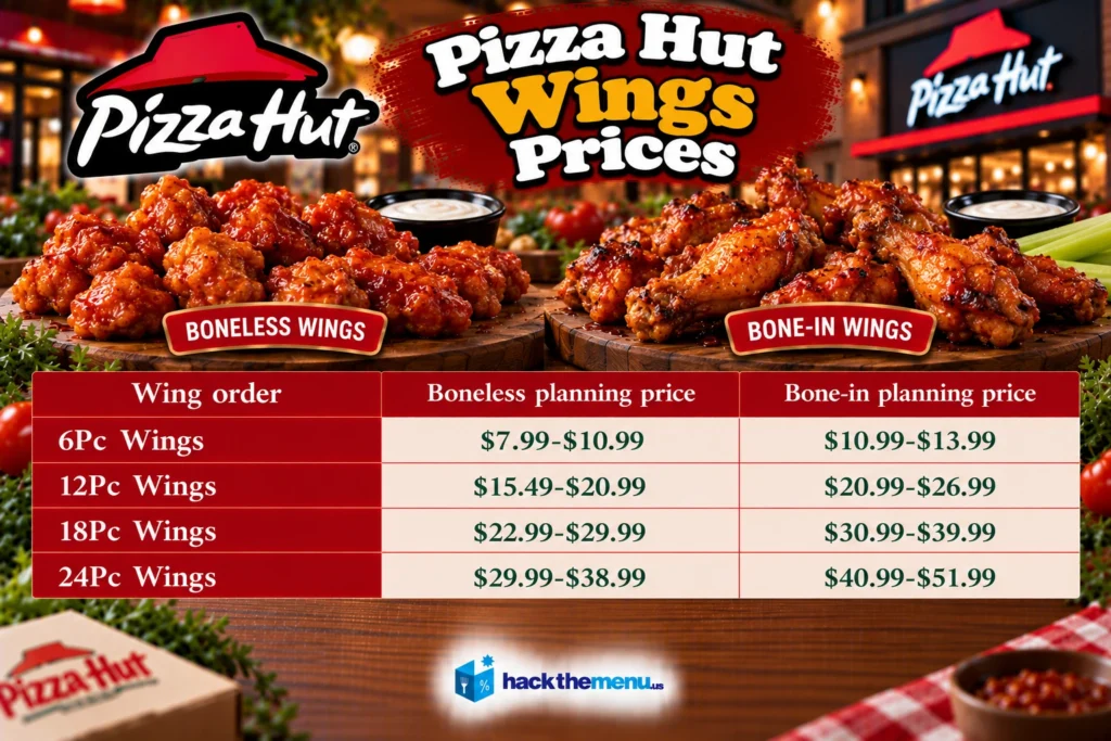 Infographic showing Pizza Hut wings prices: 6Pc $7.99-$10.99 boneless / $10.99-$13.99 bone-in, 12Pc $15.49-$20.99 / $20.99-$26.99, 18Pc $22.99-$29.99 / $30.99-$39.99, 24Pc $29.99-$38.99 / $40.99-$51.99