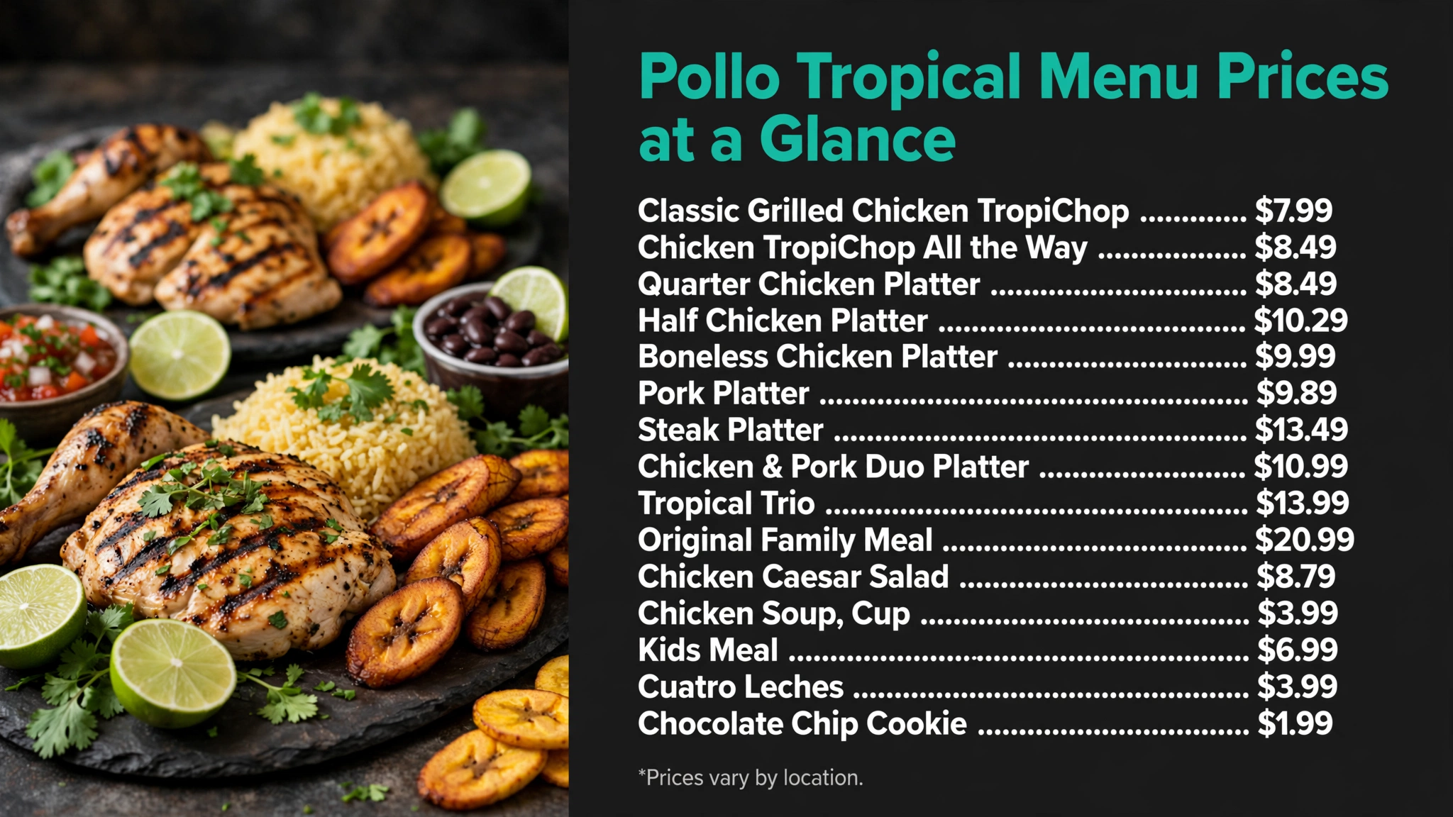 Pollo Tropical Pollo Tropical Menu Prices at a Glance prices infographic with item names and prices
