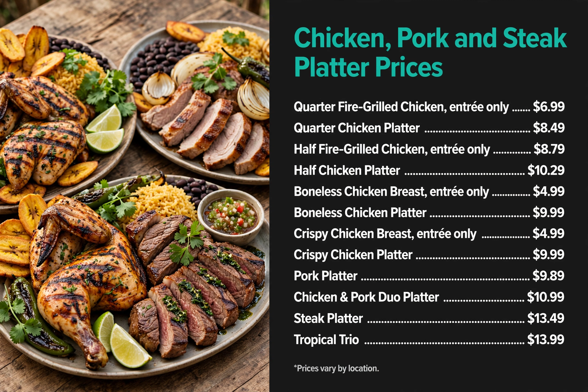 Pollo Tropical Chicken, Pork and Steak Platter Prices prices infographic with item names and prices