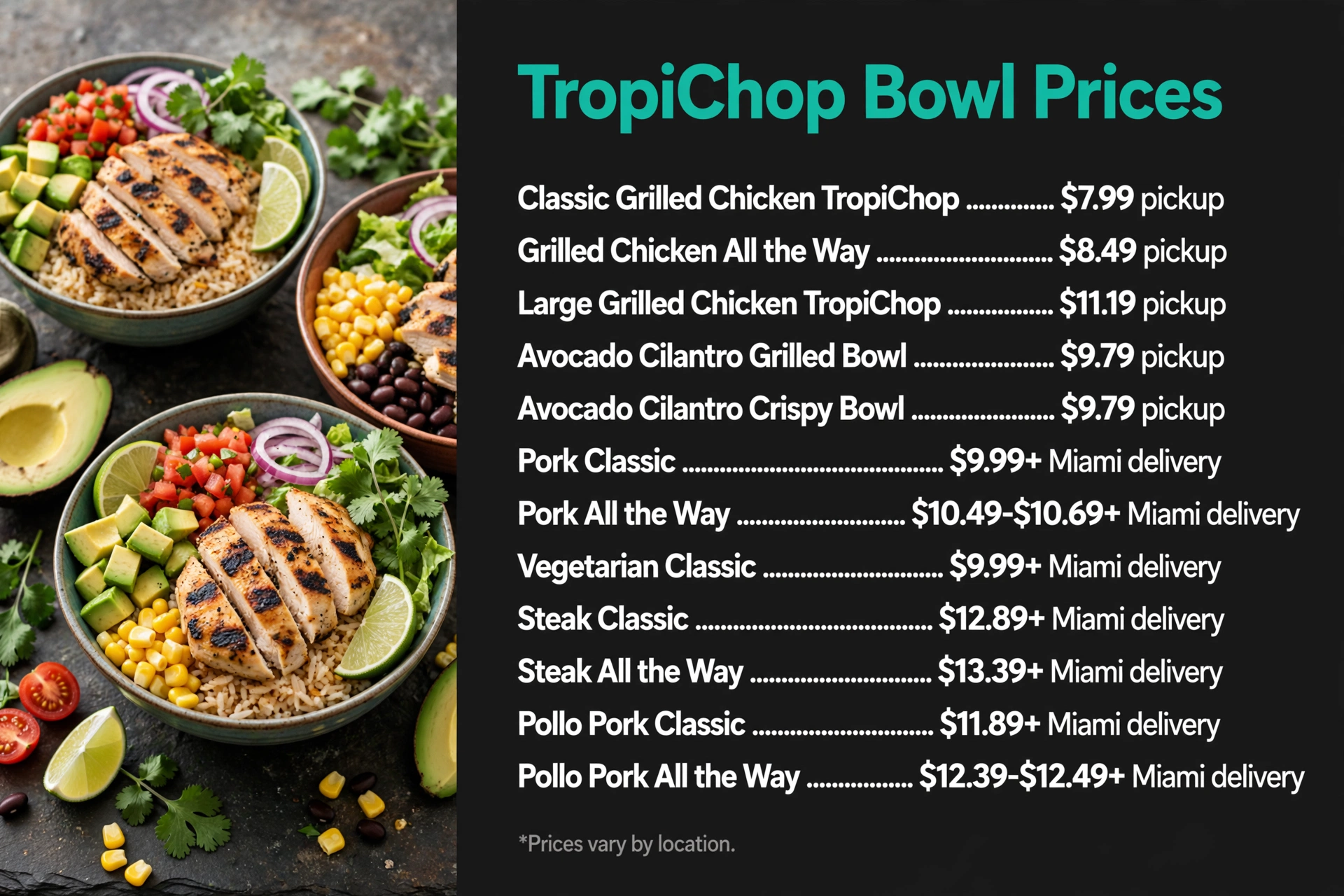 Pollo Tropical TropiChop Bowl Prices prices infographic with item names and prices