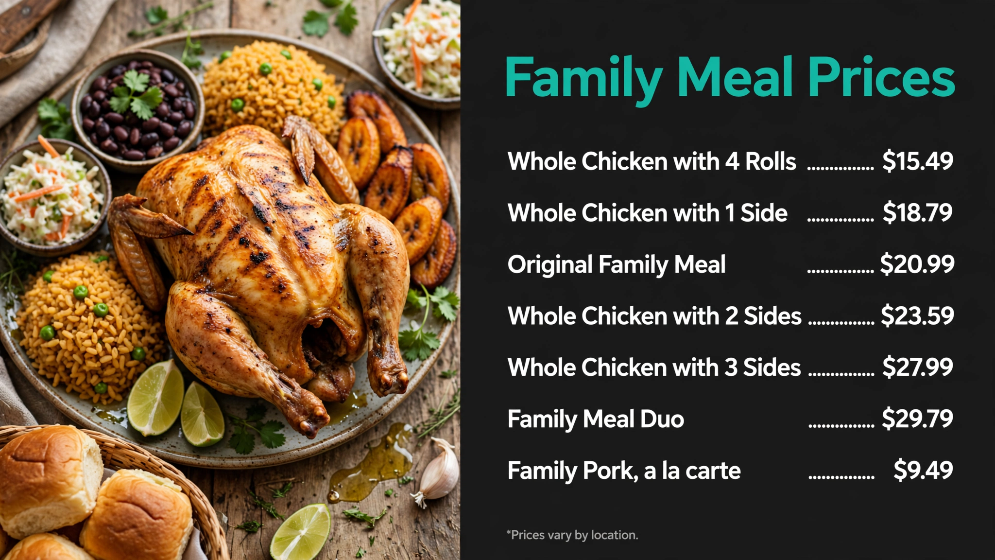 Pollo Tropical Family Meal Prices prices infographic with item names and prices