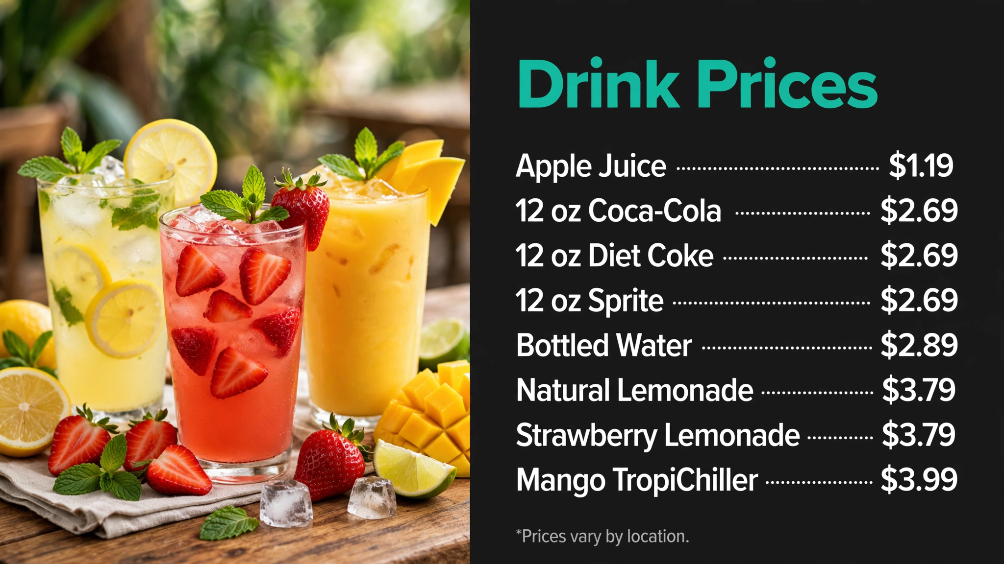 Pollo Tropical Drink Prices prices infographic with item names and prices