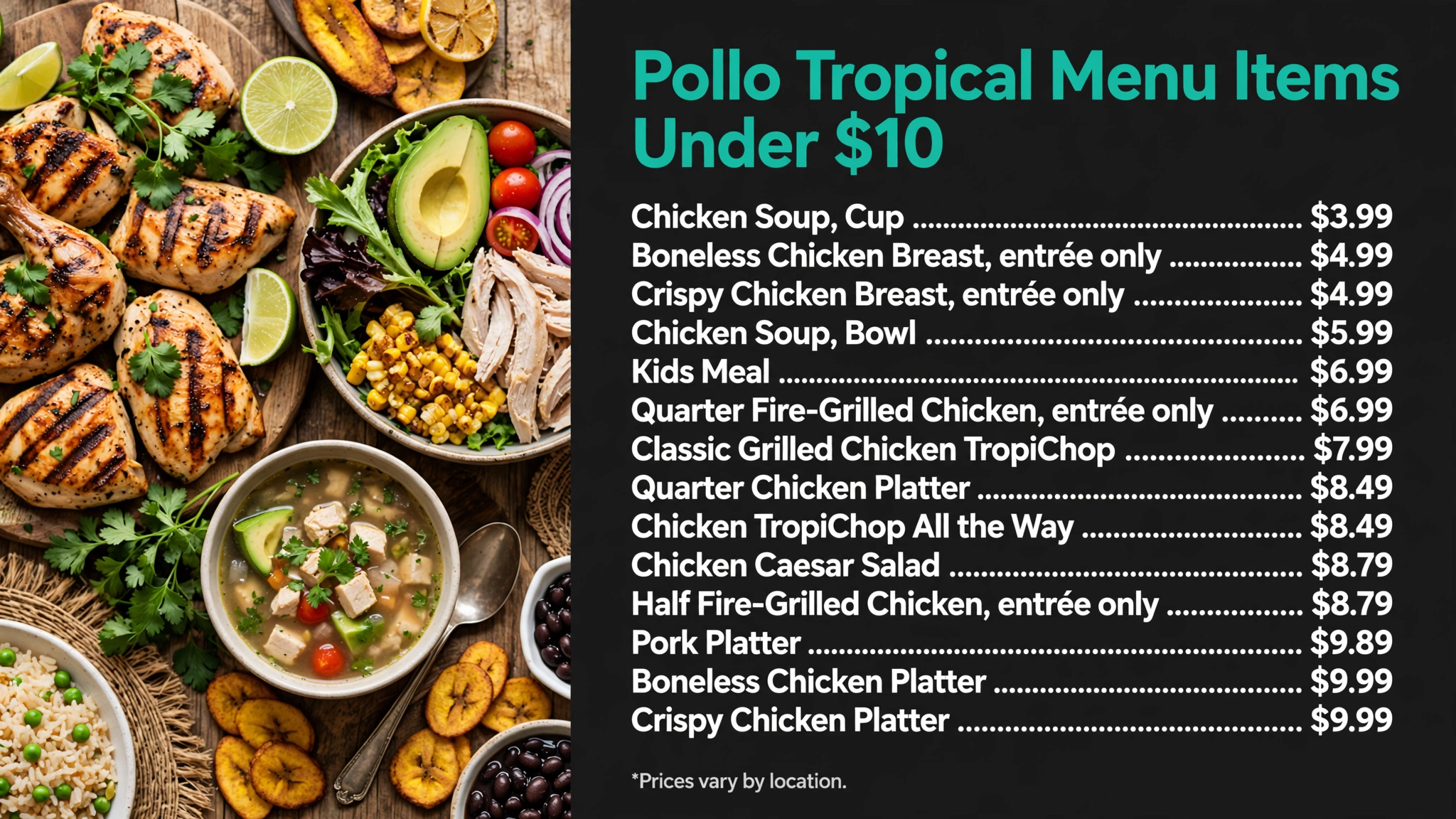 Pollo Tropical Pollo Tropical Menu Items Under $10 prices infographic with item names and prices