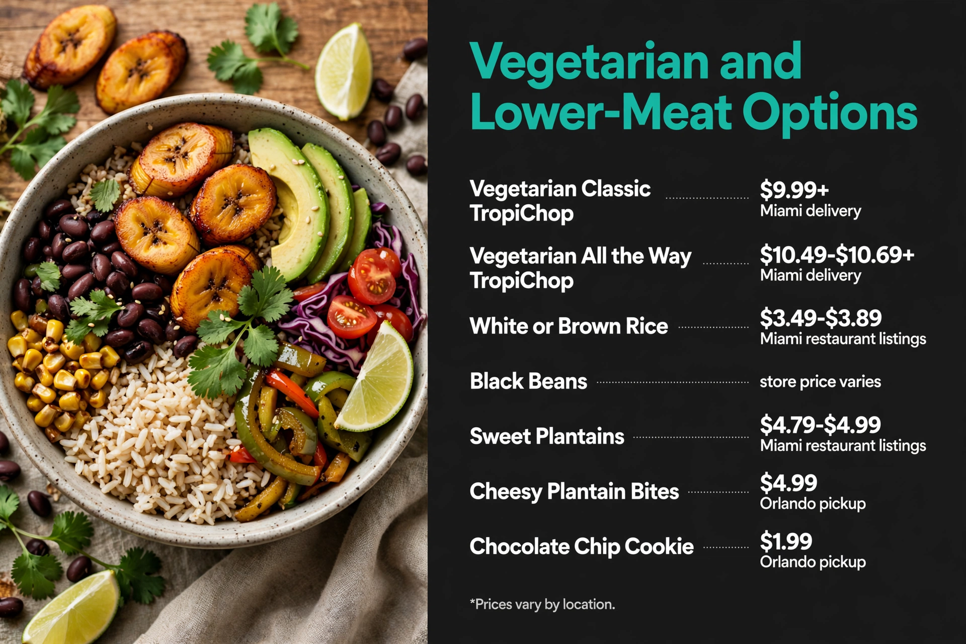 Pollo Tropical Vegetarian and Lower-Meat Options prices infographic with item names and prices